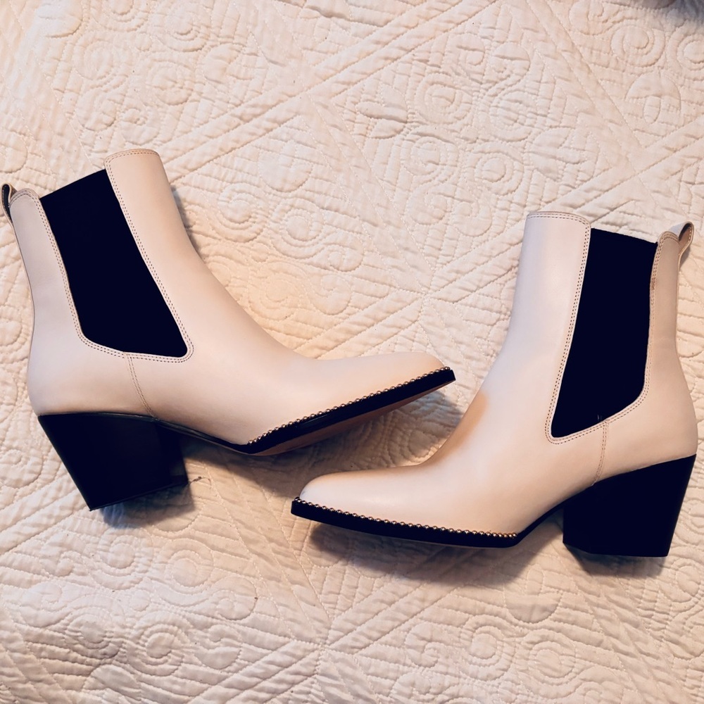 EUC Coach White Leather and Black Stretch Ankle Boots with Gold Beads - Sz 8.5 - Picture 5 of 12